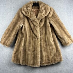 Vintage Tissavel Faux Fur Coat Womens Large Brown Collared Overcoat 60s 70s Mob